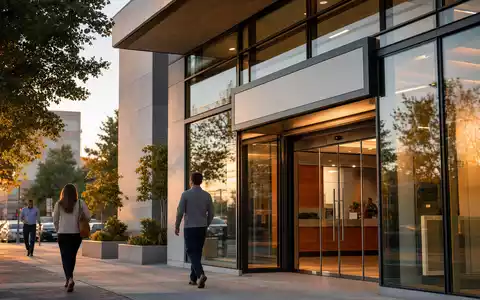 US Bancorp (ISIN US9029733048) zeigt eine moderne Bankfiliale bei warmem Abendlicht mit Kunden am Eingang - Foto: THN