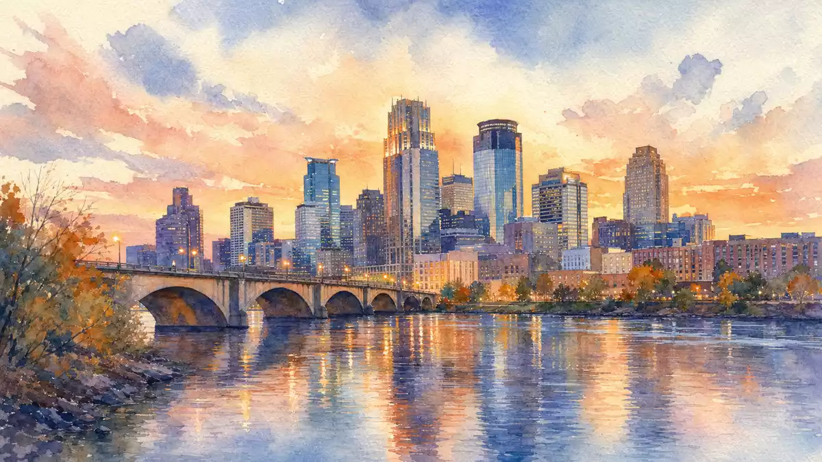 Aquarellmalerei einer amerikanischen Innenstadt-Skyline am Fluss bei Sonnenuntergang