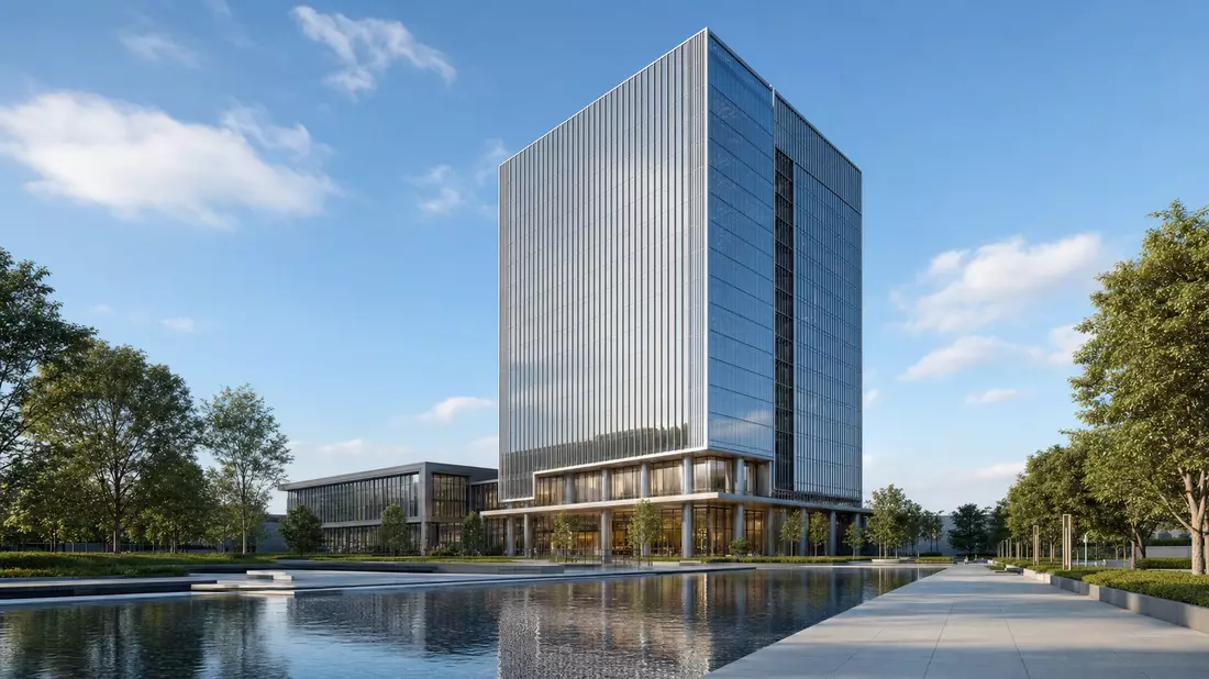 Architektur-Render eines modernen Glas-Bürohochhauses mit Wasserbecken und Bäumen
