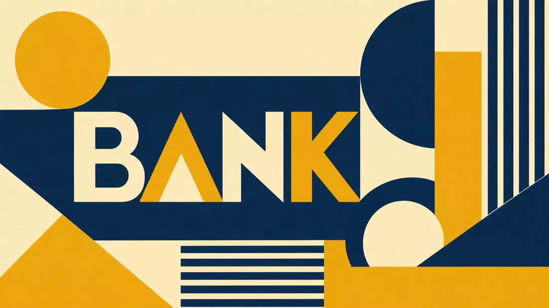 Geometrisches Bauhaus-Poster in Blau und Gelb mit dem Wort BANK