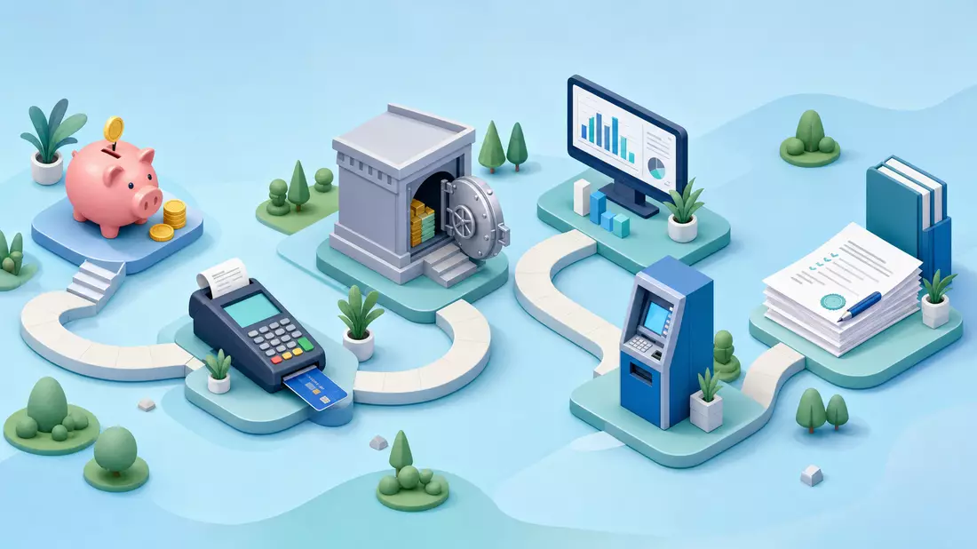 Isometrische 3D-Illustration einer Bank-Wertschöpfungskette mit Tresor, ATM und Karten