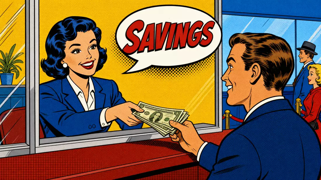 Pop-Art-Comic einer Bankschalter-Szene mit Sprechblase SAVINGS in Rot und Gelb