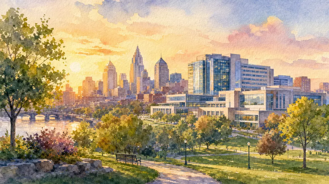 Aquarellmalerei einer Stadtskyline mit modernem Gesundheitscampus und Park im Vordergrund