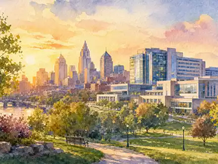 Ventas Inc. (US92276F1003) besitzt Gesundheitsimmobilien in US-Städten, Aquarell zeigt Skyline mit Gesundheitscampus bei Sonnenuntergang - Foto: THN