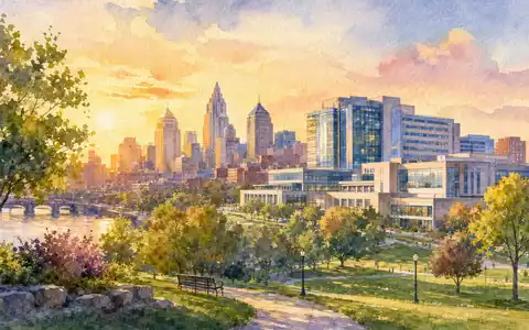 Ventas Inc. (US92276F1003) besitzt Gesundheitsimmobilien in US-Städten, Aquarell zeigt Skyline mit Gesundheitscampus bei Sonnenuntergang - Foto: THN