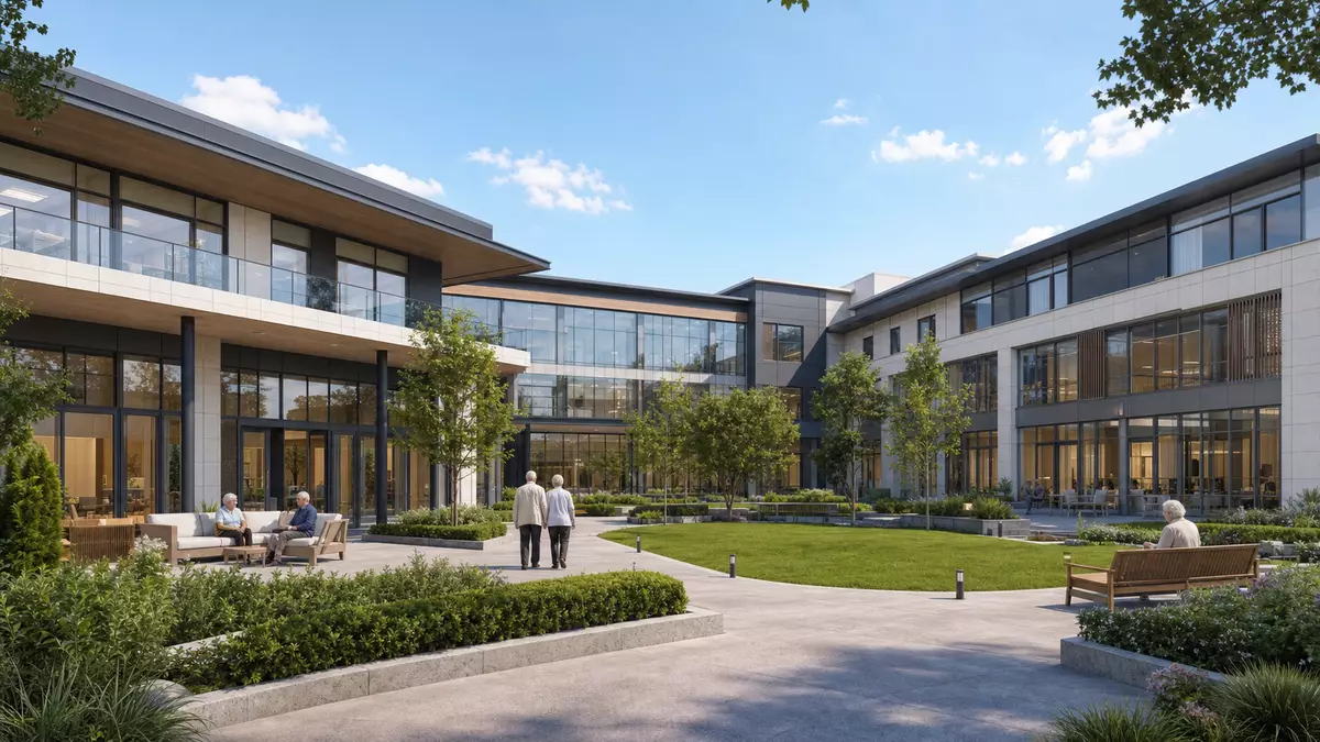 Architektur-Render eines modernen Gesundheitscampus mit Glasfassade und begrüntem Innenhof