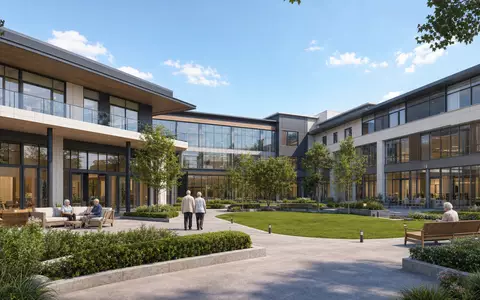 Ventas Inc. (US92276F1003) entwickelt moderne Gesundheitscampus-Gebäude, Architektur-Render zeigt Glasfassade mit Innenhof und Bewohnern - Foto: THN