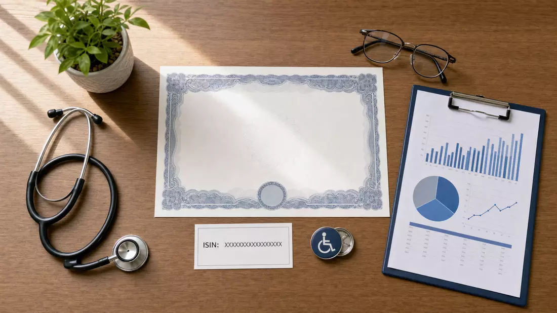 Flatlay mit Aktienzertifikat, ISIN-Karte, Stethoskop und medizinischen Charts auf Holztisch