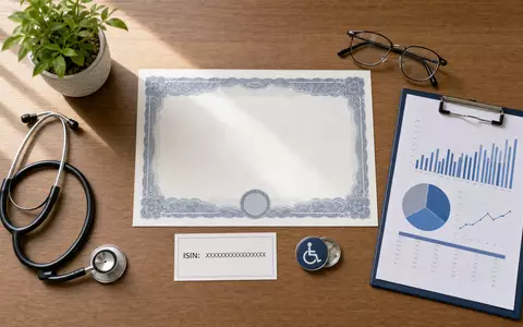 Ventas Inc. (US92276F1003) Aktie symbolisiert durch Flatlay mit Zertifikat, ISIN-Karte und medizinischen Utensilien auf Holztisch - Foto: THN
