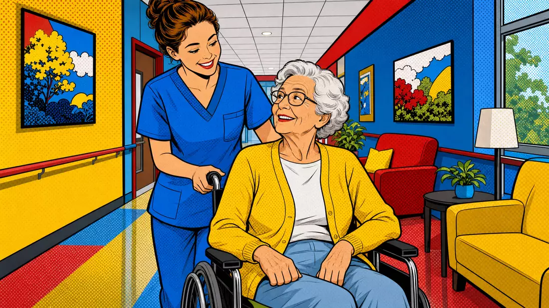 Bunte Pop-Art-Comic-Szene mit Pflegerin und Patientin im Rollstuhl in Wohnanlage