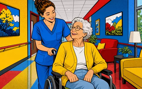 Ventas Inc. (US92276F1003) steht für Pflege und Gesundheit, Pop-Art-Comic zeigt Pflegerin mit Patientin in Wohnanlage - Foto: THN