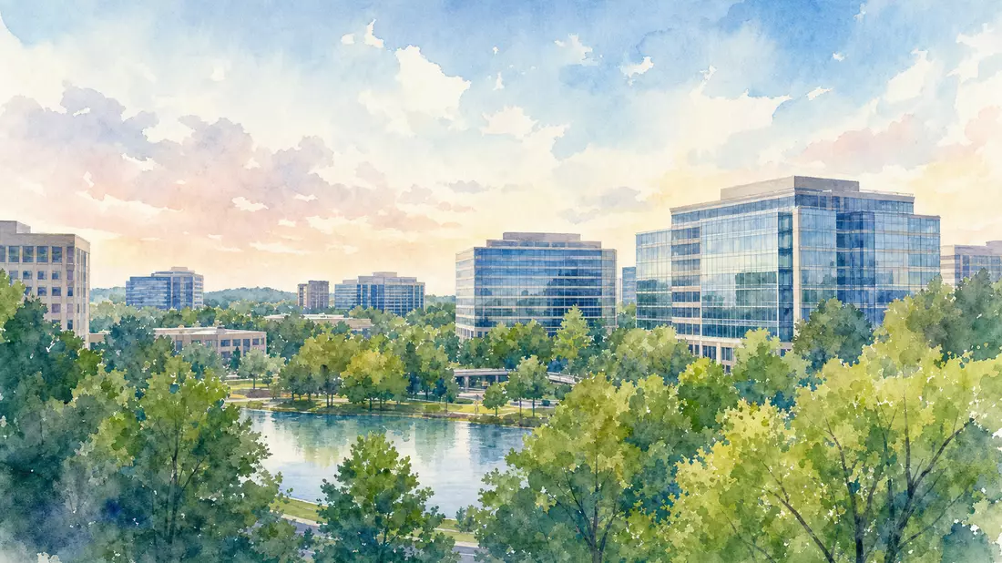 Aquarellmalerei einer Bürolandschaft mit Glasgebäuden und See