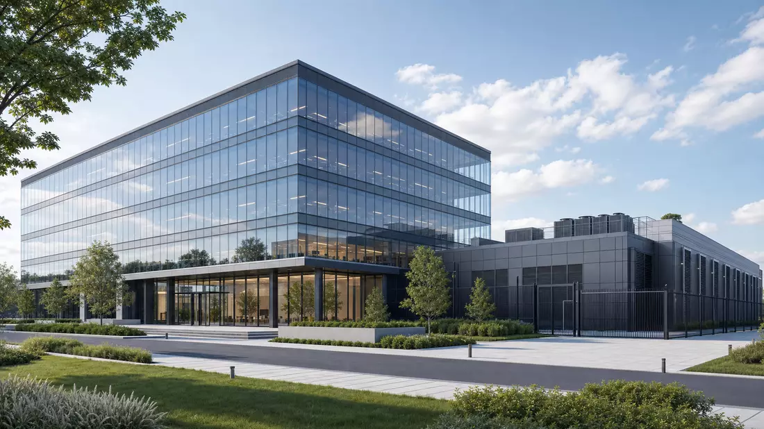 Architektur-Rendering eines Glasbüros mit angeschlossenem Rechenzentrum