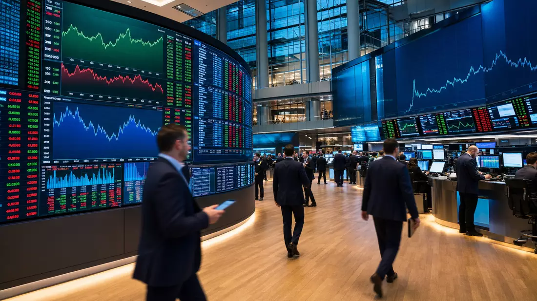 Trading-Floor mit großen Kursdisplays und Händlern in Anzügen