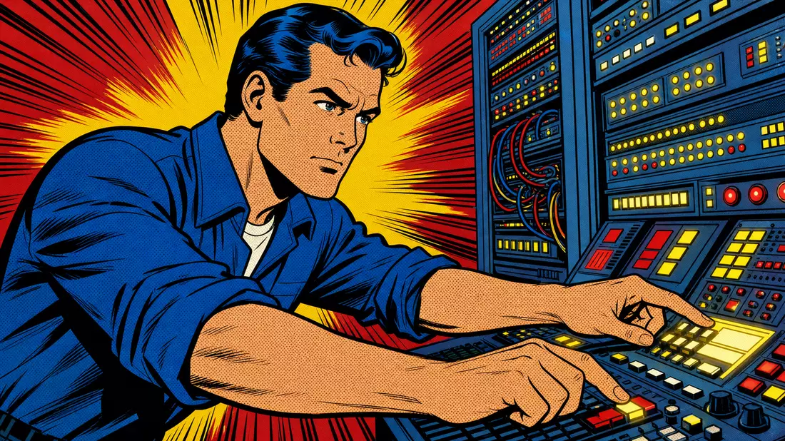 Pop-Art-Comic zeigt Techniker an leuchtender Serverkonsole mit knalligen Farben