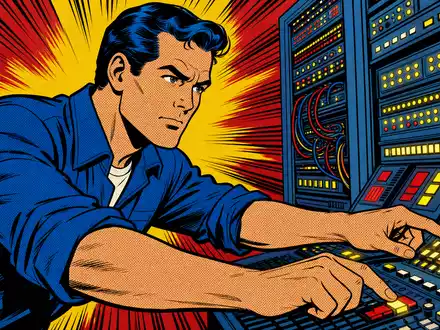 Verisign Inc. (US92343E1029) Technikwelt dargestellt als farbenfrohe Pop-Art-Comic-Szene an einer leuchtenden Serverkonsole heute - Foto: THN