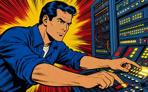 Verisign Inc. (US92343E1029) Technikwelt dargestellt als farbenfrohe Pop-Art-Comic-Szene an einer leuchtenden Serverkonsole heute - Foto: THN