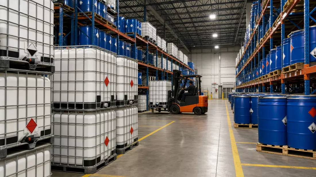 Fotorealistische Aufnahme eines Chemikalienlagers mit stapelbaren IBC-Containern
