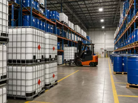 Fotorealistisches Bild eines großen Chemikalienlagers mit IBC-Containern zeigt Kerngeschäft von Brenntag SE laut ISIN DE000A1DAHH0 - Foto: THN
