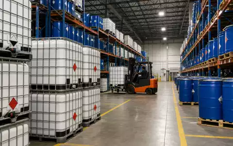 Fotorealistisches Bild eines großen Chemikalienlagers mit IBC-Containern zeigt Kerngeschäft von Brenntag SE laut ISIN DE000A1DAHH0 - Foto: THN