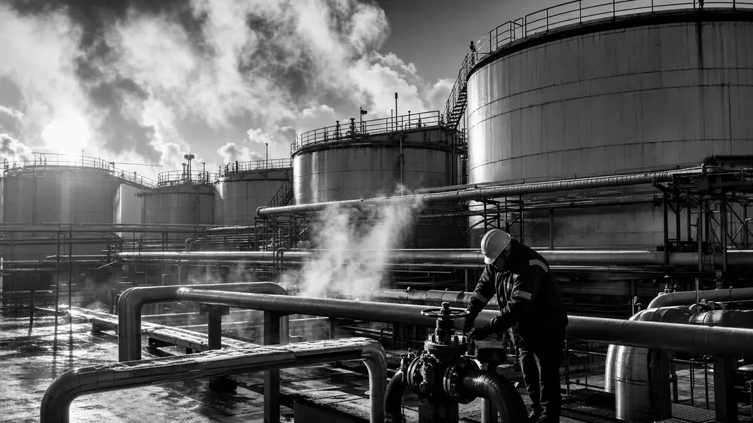 Dramatische S/W-Aufnahme eines industriellen Tanklagers mit Rohrleitungen