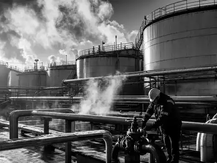 Schwarz-Weiß-Reportage-Aufnahme eines industriellen Tanklagers dokumentiert die globale Logistik hinter Brenntag SE ISIN DE000A1DAHH0 - Foto: THN