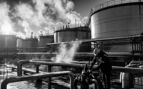 Schwarz-Weiß-Reportage-Aufnahme eines industriellen Tanklagers dokumentiert die globale Logistik hinter Brenntag SE ISIN DE000A1DAHH0 - Foto: THN