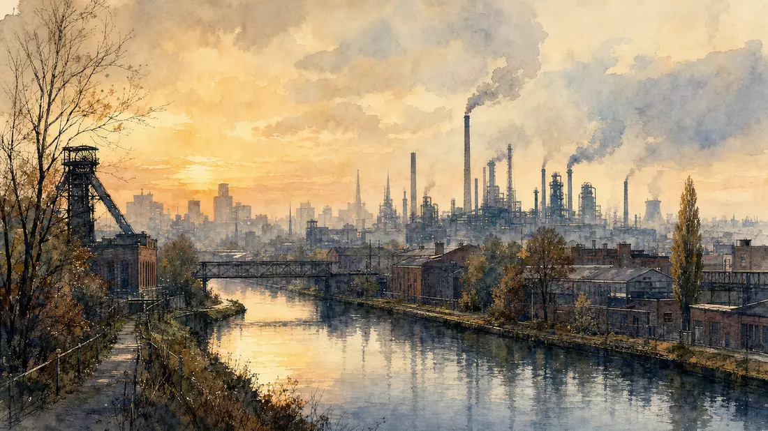 Aquarell-Panorama einer Ruhrgebiet-Industrielandschaft mit Fördertürmen und Fluss