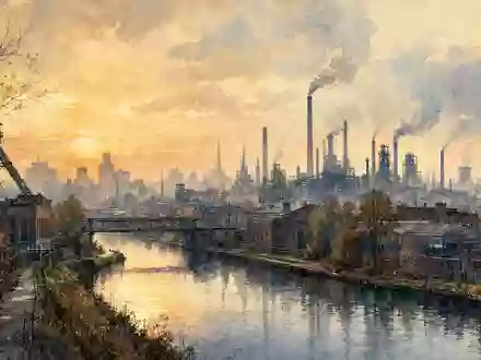 Zartes Aquarellgemälde der Essener Industrielandschaft symbolisiert den traditionsreichen Ruhrgebiet-Sitz von Brenntag SE DE000A1DAHH0 - Foto: THN