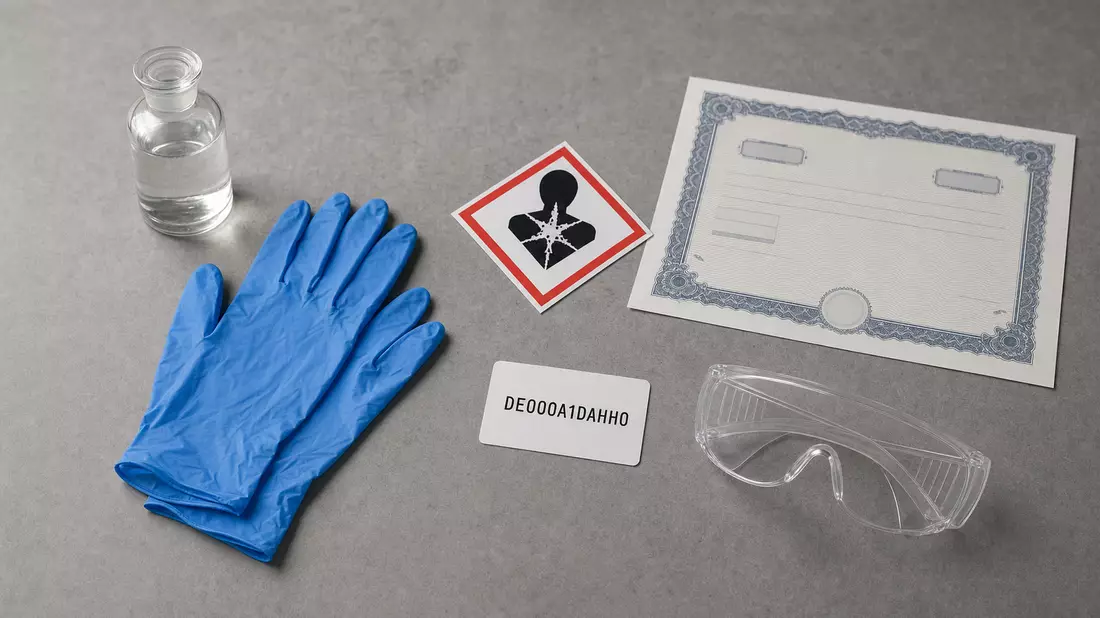 Draufsicht-Flatlay mit Chemikalienprobe, Schutzausrüstung, Aktienzertifikat und ISIN-Karte