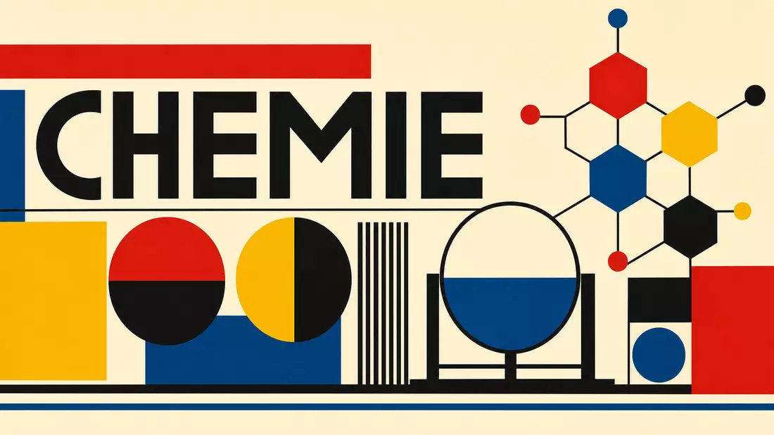 Bauhaus-Grafikposter mit CHEMIE-Schriftzug und geometrischen Fass-Formen