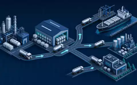 Detailliertes isometrisches 3D-Diagramm der Lieferkette illustriert die globale Distributionslogistik von Brenntag SE ISIN DE000A1DAHH0 - Foto: THN