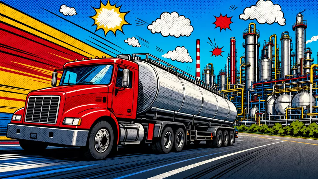 Farbige Pop-Art-Comic-Illustration eines Tankfahrzeugs vor einem Chemiewerk