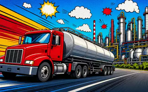 Farbenfrohe Pop-Art-Comic-Szene mit Tankfahrzeug und Fässern zeigt stilisiert die Branche von Brenntag SE DE000A1DAHH0 - Foto: THN