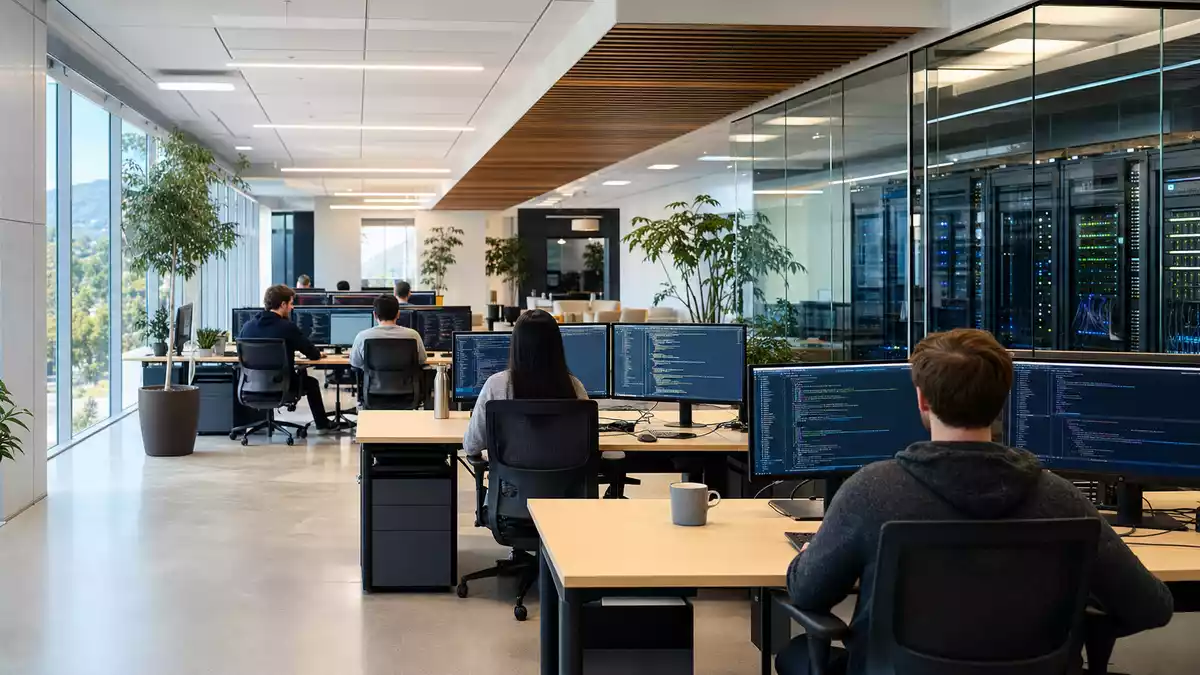 Modernes Tech-Büro mit Entwicklern an Dual-Monitor-Workstations und Serverräumen im Hintergrund