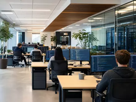 AppLovin Corp. ISIN US03782L1017 zeigt Entwickler in einem modernen Software Büro mit Servern im Hintergrund - Foto: THN