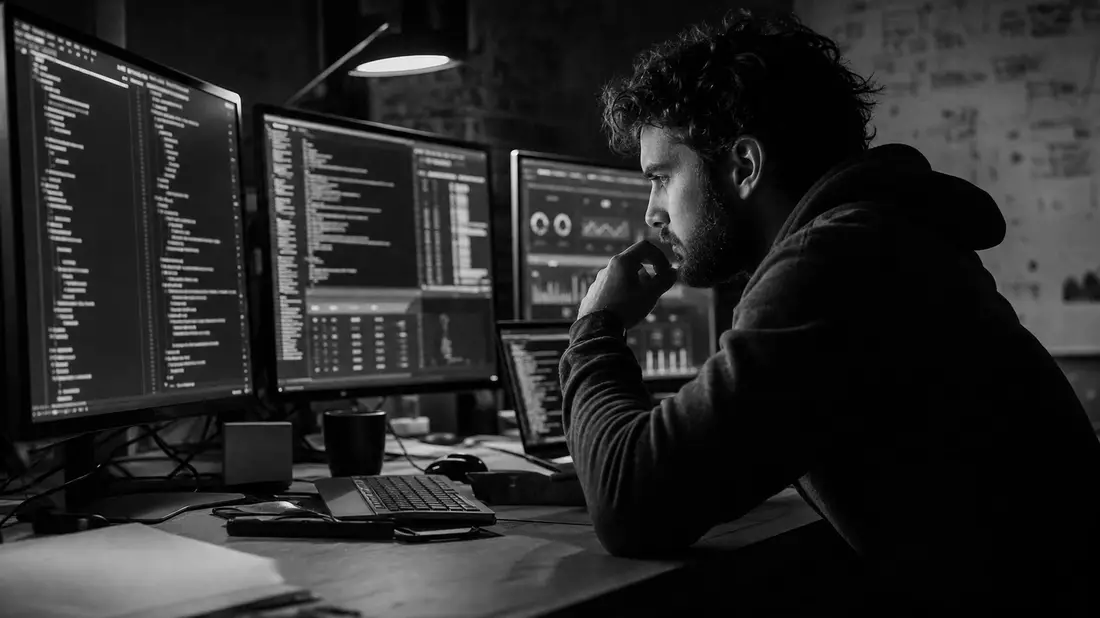 Schwarzweiß-Reportage eines konzentrierten Softwareentwicklers im Dunkeln an mehreren Monitoren