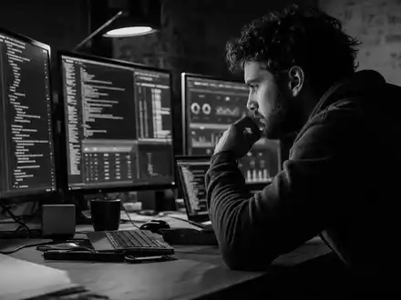 AppLovin Corp. ISIN US03782L1017 dokumentarische Schwarzweiß Aufnahme eines konzentrierten Entwicklers an mehreren Code Monitoren - Foto: THN