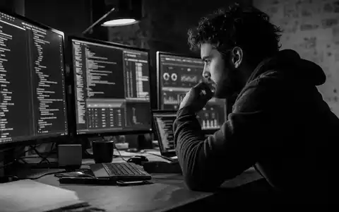 AppLovin Corp. ISIN US03782L1017 dokumentarische Schwarzweiß Aufnahme eines konzentrierten Entwicklers an mehreren Code Monitoren - Foto: THN