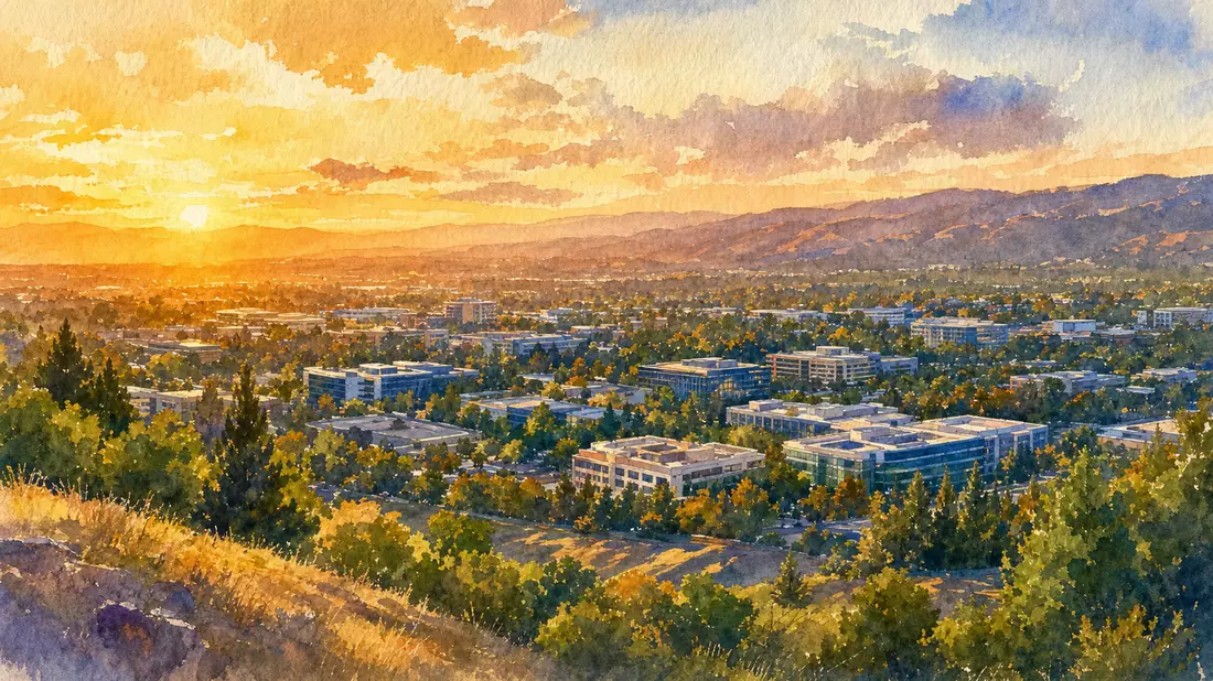 Aquarellgemälde der Silicon-Valley-Landschaft mit Tech-Campus-Gebäuden bei Sonnenuntergang