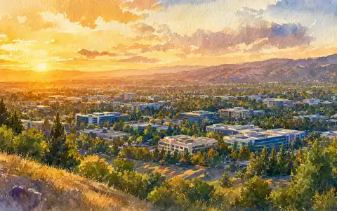 AppLovin Corp. ISIN US03782L1017 Aquarell Panorama der Silicon Valley Skyline bei warmem goldenem Sonnenuntergang - Foto: THN