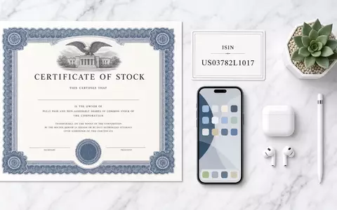 AppLovin Corp. ISIN US03782L1017 Flatlay mit Aktien Zertifikat, ISIN Karte und Smartphone auf weißem Marmor - Foto: THN
