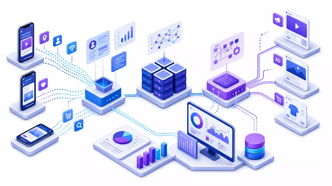 Isometrische 3D-Illustration einer digitalen AdTech-Plattformarchitektur mit Datenflüssen
