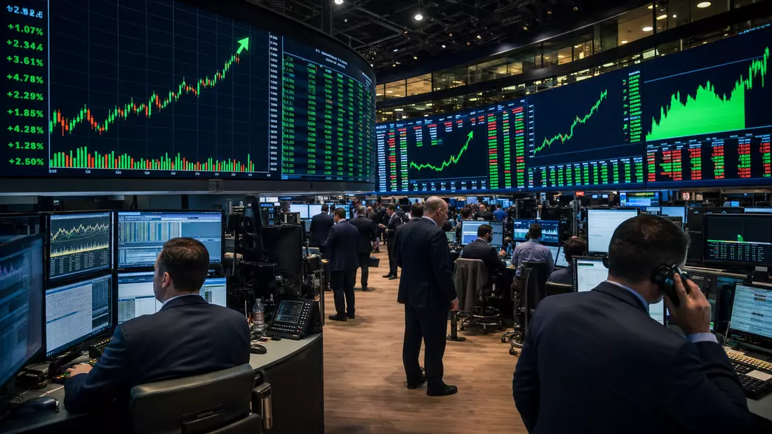 NASDAQ-Handelssaal mit Händlern, großen Videobildschirmen und grünen steigenden Kursanzeigen