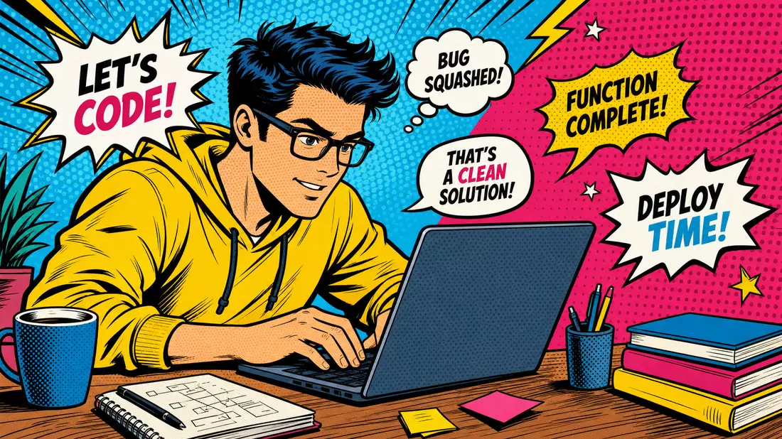 Pop-Art-Comic eines Entwicklers am Laptop mit bunten Sprechblasen und Halbton-Muster
