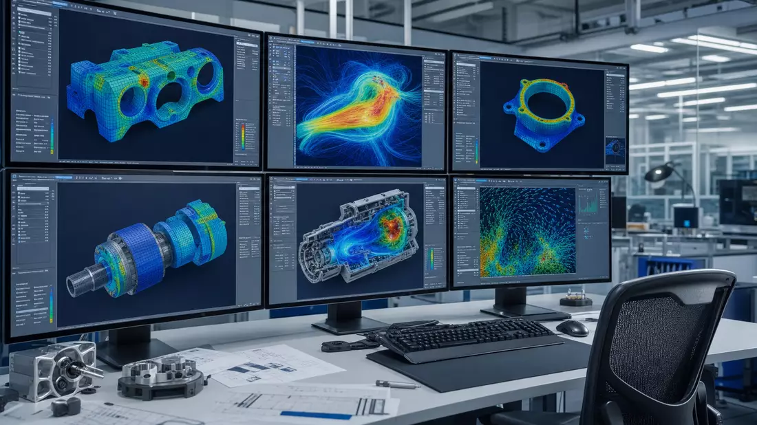 Moderner Engineering-Arbeitsplatz mit bunten 3D-Simulationen auf Bildschirmen