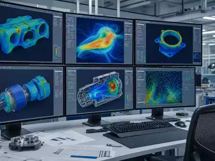 ANSYS Inc. zeigt Simulationsarbeitsplatz mit bunten FEM-Visualisierungen auf Monitoren für Ingenieure, ISIN US0357101090 - Foto: THN