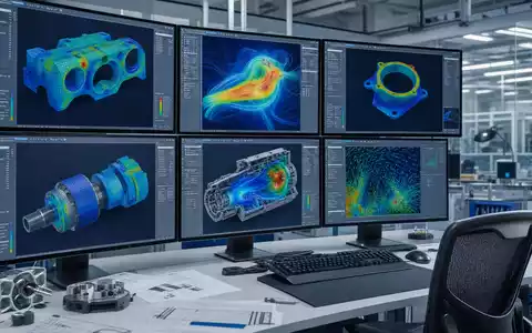 ANSYS Inc. zeigt Simulationsarbeitsplatz mit bunten FEM-Visualisierungen auf Monitoren für Ingenieure, ISIN US0357101090 - Foto: THN
