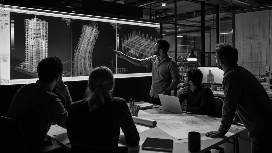 Schwarzweiß-Dokumentarfoto von Ingenieuren vor Simulationsbildschirmen