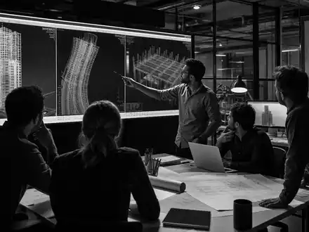 ANSYS Inc. Ingenieure analysieren gemeinsam in dokumentarischer Schwarz-Weiß-Reportage komplexe Struktursimulationsergebnisse, ISIN US0357101090 - Foto: THN